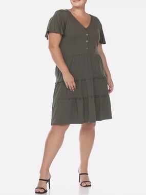 White Mark V-Neck Tiered Short Sleeve Midi Dress